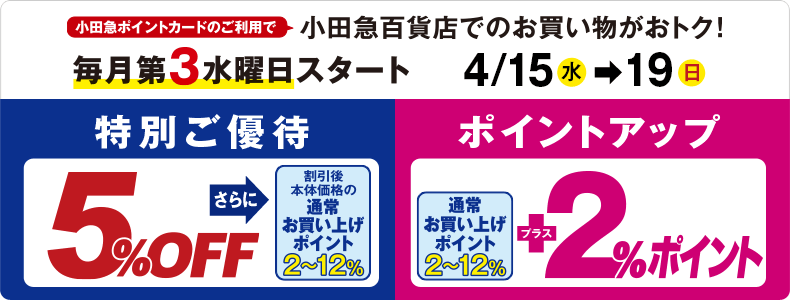 小田急ポイントカード 特別ご優待・ポイントアップ【4/15(水)→19(日)】