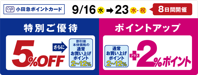 小田急ポイントカード 特別ご優待・ポイントアップ【9/16(水)→23(水・祝)】