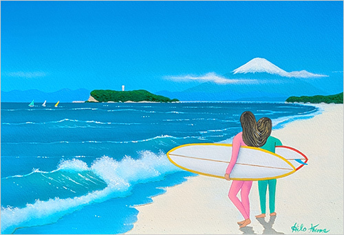 ©hilokume  Girls on The Beach (原画／W42×H30cm) 264,000円 七里ヶ浜のサーファーガールを描いた作品。