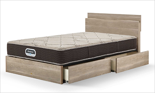 シングルベッド 引出し付き「グランゲートIIキャビ」 (W98×L204×HB85cm) 140,000円(セール価格)  ＜シモンズ＞大人気シリーズから新たに「グランゲートII」として新発売。同価格で引出し付きタイプ、ステーションタイプ、ダブルクッションタイプとお選びいただけます。カラーはミディアム色とグレー色の2色。2台ぴったり合わせられるデザインです。