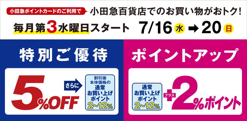 小田急ポイントカードのご利用で、小田急百貨店でのお買い物がおトク！小田急ポイントカード特別ご優待・ポイントアップ【7月16日(水)→20日(日)】