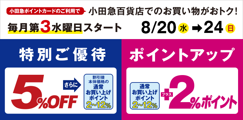 小田急ポイントカードのご利用で小田急百貨店でのお買い物がおトク！特別ご優待・ポイントアップ【8月20日(水)→24日(日)】