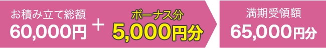 お積み立て総額60,000円+ボーナス分5,000円 満期受領額65,000円