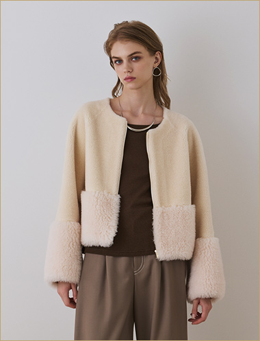 〈グレースコンチネンタル〉ウールボアジャケット、ウールコットンテレコトップ、タックカーブパンツ