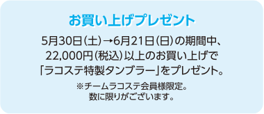 お買い上げプレゼント 5月30日(土)&rarr;6月21日(日)の期間中、22,000円(税込)以上のお買い上げで「ラコステ特製タンブラー」をプレゼント。※チームラコステ会員様限定。数に限りがございます。