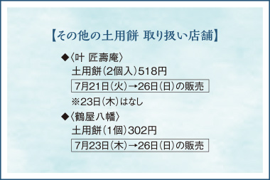 【その他の土用餅 取り扱い店舗】◆〈叶 匠壽庵〉土用餅(2個入)518円 7月21日(火)→26日(日)の販売 ※23日(木)はなし ◆〈鶴屋八幡〉  土用餅(1個) 302円 7月23日(木)→26日(日)の販売