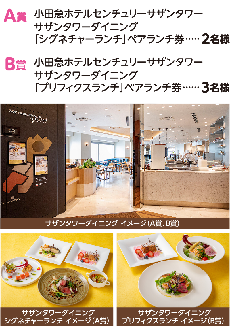 【A賞】小田急ホテルセンチュリーサザンタワー サザンタワーダイニング 「シグネチャーランチ」ペアランチ券2名様 【B賞】小田急ホテルセンチュリーサザンタワー サザンタワーダイニング 「プリフィクスランチ」ペアランチ券3名様