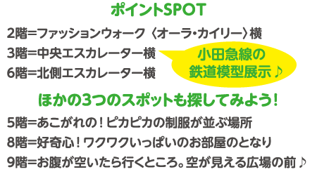 ポイントSPOT 2階＝ファッションウォーク〈オーラ・カイリー〉横 3階＝中央エスカレーター横［小田急線の鉄道模型展示♪］ 6階＝北側エスカレーター横 ほかの3つのスポットも探してみよう！ 5階＝あこがれの！ピカピカの制服が並ぶ場所 8階＝好奇心！ワクワクいっぱいのお部屋のとなり 9階＝お腹が空いたら行くところ。空が見える広場の前♪