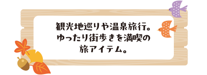 観光地巡りや温泉旅行。ゆったり街歩きを満喫の旅アイテム。