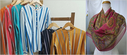 左：＜テイスト オブ チュニジア＞［マリュールファディーラ］ カットソー(綿37％〔内側〕・レーヨン37％〔外側〕・アセテート26％〔袖口〕) 13,200円  一枚の生地でありながら、表面だけ素材が異なります。肌に当たる部分のみコットンで着心地良く、表側はレーヨンで光沢があり顔映りが良くなります。  右：＜湘南スカーフ＞ ペルシャ柄シフォン特大スカーフ(絹100％／106×106cm) 33,000円【現品限り】