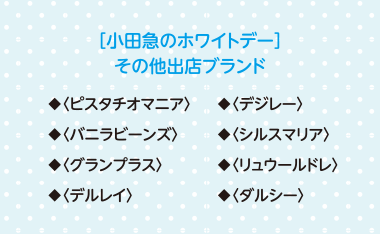 ［小田急のホワイトデー］その他出店ブランド ◆〈ピスタチオマニア〉◆〈バニラビーンズ〉◆〈グランプラス〉◆〈デルレイ〉◆〈デジレー〉◆〈シルスマリア〉◆〈リュウールドレ〉◆〈ダルシー〉