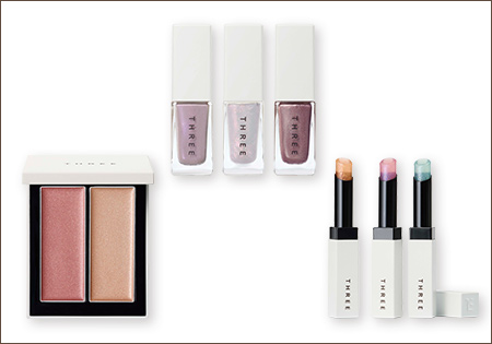 〈THREE〉シマリング グロー デュオ R X01、ネイルラッカー、グリタリングジェリーリップ