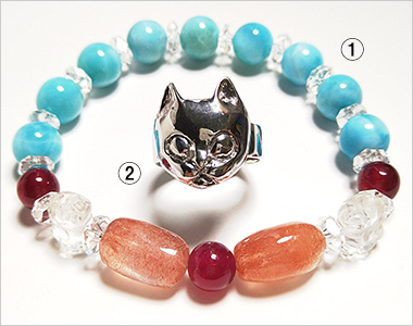 ＜I.Cats 一瀬尚美＞招き猫型水晶・ルビー・ラリマーのブレスレット 、シルバー美猫リング