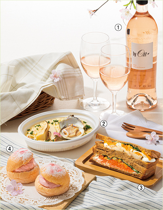 ［ワインショップ・エノテカ］ バイ・オット・ロゼ、［西洋銀座］ はまぐりと筍のチーズリゾット、［ブッツサンド×献心亭 匠］クリームチーズ＆チキンのサラダ 清見オレンジ使用、［ル ビアン］桜のクリームサンド