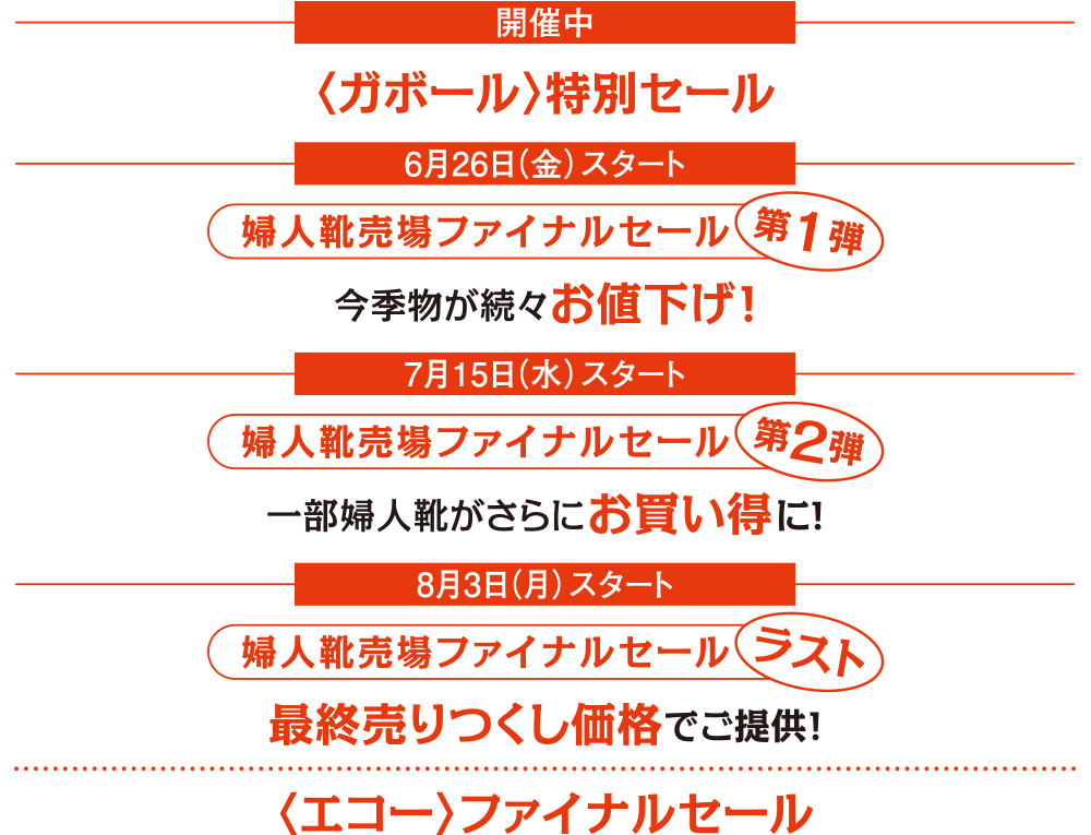 開催中 〈ガボール〉特別セール 6月26日(金)スタート 婦人靴売場ファイナルセール 第1弾 今季物が続々お値下げ! 7月15日(水)スタート 婦人靴売場ファイナルセール 第2弾 一部婦人靴がさらにお買い得に! 8月3日(月)スタート 婦人靴売場ファイナルセール ラスト 最終売りつくし価格でご提供! 〈エコー〉ファイナルセール