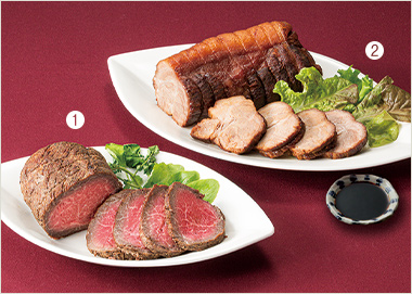 〈肉のたかさご〉黒毛和牛ローストビーフ、東京やき豚