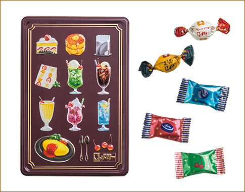 〈メリーチョコレート はじけるキャンディチョコレート。〉喫茶メニュー缶