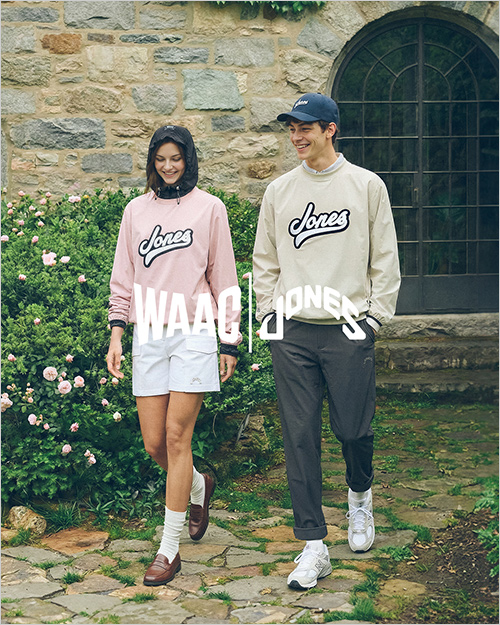 左・レディース： プルオーバー(ナイロン86％・ポリウレタン14％)  38,500円 パンツ(レーヨン61％・綿37％・ポリウレタン2％) 33,000円 右・メンズ： プルオーバー(ナイロン86％・ポリウレタン14％) 38,500円　 キャップ(ポリエステル92％・ポリウレタン8％) 11,000円 ※その他参考品