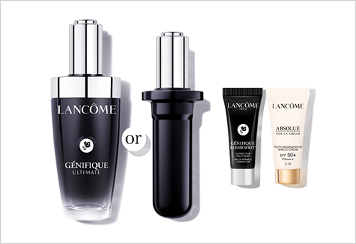 ジェニフィック セラムキット(50ml／本体) 18,700円・(50ml／レフィル) 15,950円  期間中、「ジェニフィック アルティメ セラム 50ml(本体またはレフィル)」に「ジェニフィック ターゲティング ショット ミニボトルサンプル(5ml)」「アプソリュ ザ UV クリーム ミニボトルサンプル(5ml)」がセットになった豪華なキットをご用意しております。 ※数に限りがございます。無くなり次第終了となります。