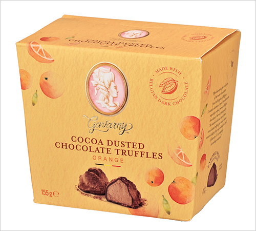 ガヴァルニープレミアムトリュフオレンジ(155g) 861円  爽やかなオレンジ風味のチョコレートガナッシュをダークチョコレートで包み、ココアパウダーでコーティングした本場ベルギーのトリュフ。 ※数に限りがございます。無くなり次第終了となります。