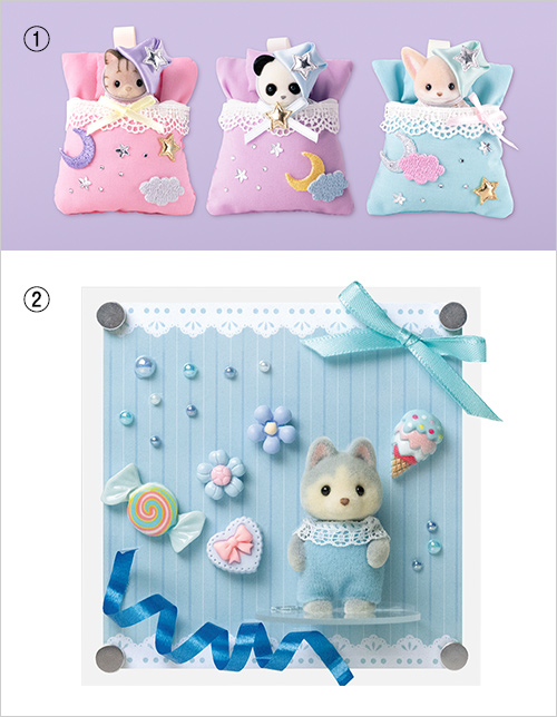 ①人形つきおふとん 各2,000円 4月4日(土)に開催するワークショップのお人形付きキット。  ②カラースタンド 2,000円 4月11日(土)に開催するワークショップのお人形付きキット。  ※画像はイメージです。