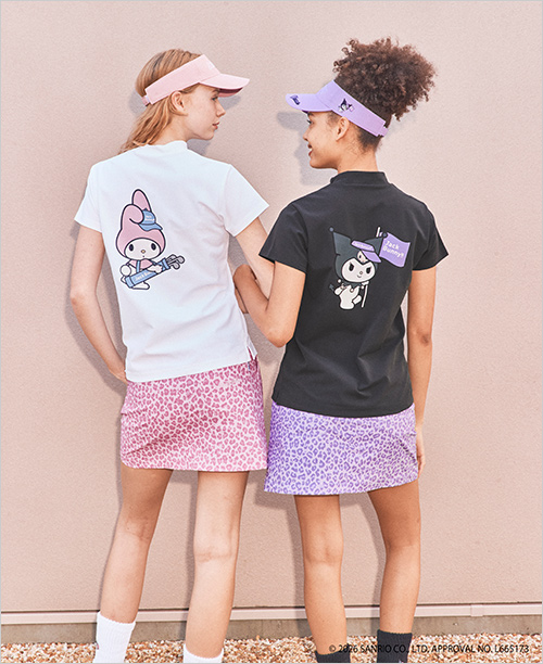 マイメロディ＆クロミ コラボ プリントモックネックシャツ(ポリエステル100％) 各14,300円 レオパードスカート(ポリエステル100％) 各15,400円  大人気のキャラクター、マイメロディ＆クロミとコラボレーション。 プリントモックネックシャツは、今回のコラボレーションのために描き起こしたオリジナルアートワークのバックプリントと、 マイメロディとクロミそれぞれのイメージを落とし込んだ色使い、モチーフがポイント。仲間やご家族で、色違いでの着用もオススメです。 ※その他参考品