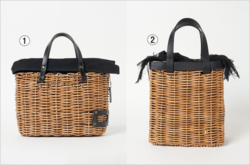 ①ウィングトート バスケット (紅籐・牛革・キャンバス・麻／W27×H27×D10cm) 82,500円 8号キャンバスのカバーが翼のように立ち上がり内容量に広がりがあります。薄めのバスケットなので、ショルダーとしてクロスオーバーとしてハンドとして使いやすい3wayトートです。  ②ストロー・角たてバスケット (紅藤・牛革・豚革・ポリエステル／W22×H16.5×D11cm) 83,600円 角たてバスケットにストローでハットのスベリやリボンをイメージしてデザインしています。中はナイロンメッシュにより、とても軽い仕上がりです。