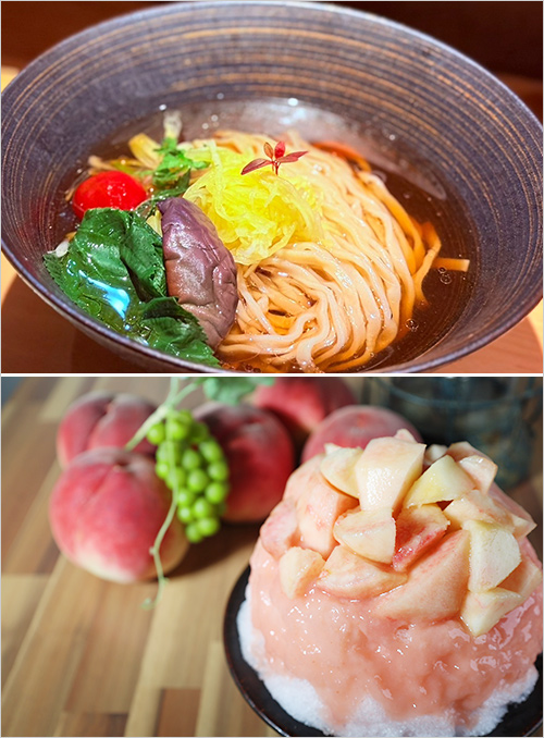 上：彩ニボコンノーマル(1杯) 1,980円 煮干しと昆布の冷やしらぁ麺は、丁寧に抽出した煮干しと昆布の出汁が香る、旨み凝縮の冷やしらぁ麺です。  下：桃ぜんかい(1杯) 2,500円　　　　　　　　　　　 社長自ら農園に赴き、その類稀なる眼と舌で厳選したフレッシュな桃をたっぷりと使用しています。