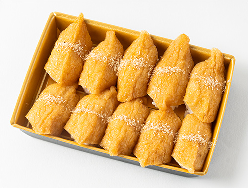 一口いなり(10貫) 777円  ゆず酢飯でさっぱりとした香りのむろやのいなり寿司です。一口サイズでやみつきの一品です。
